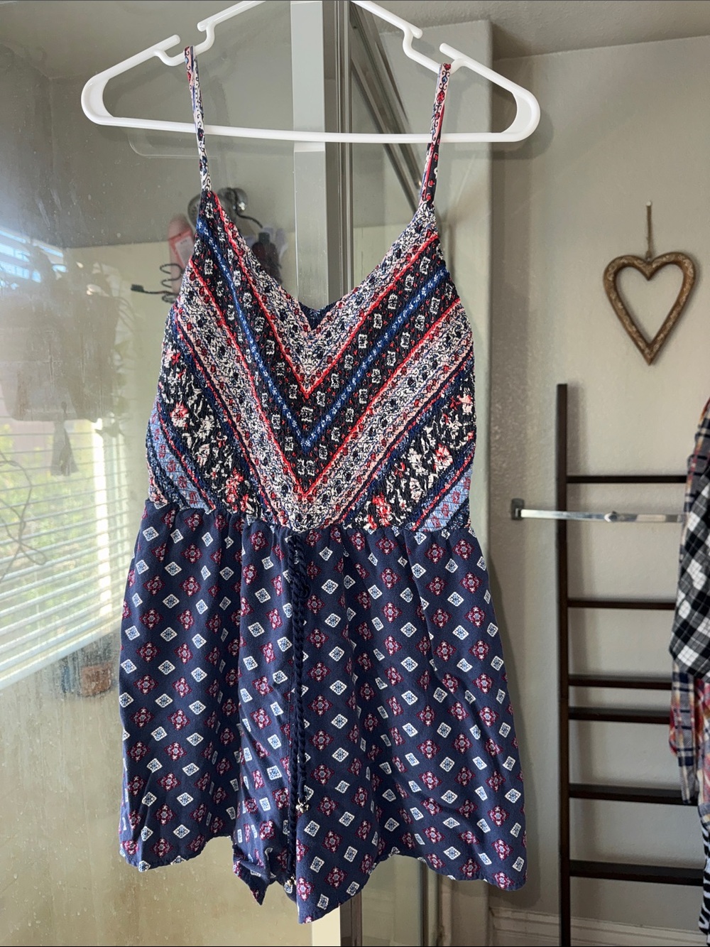 Xhilaration Navy Patterned Smocked Romper with Red Accents